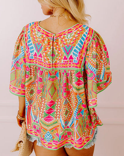 Abstract Wide Sleeve Blouse Plus Size