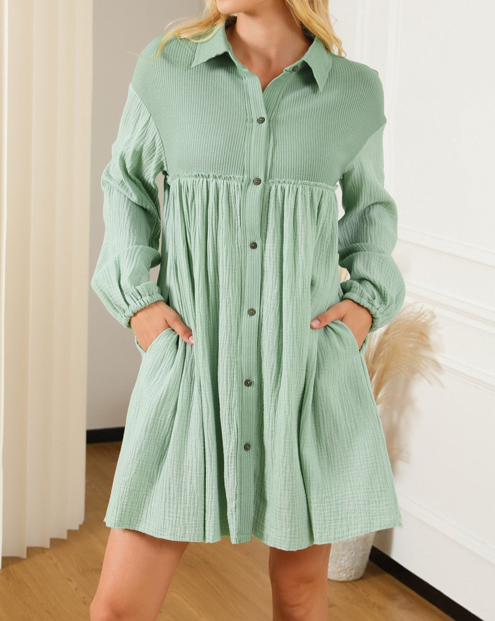 Gauze Puff Sleeve Shirt Dress