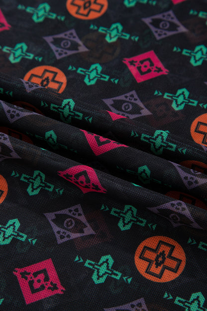 Western Aztec Mesh Long Sleeve Top