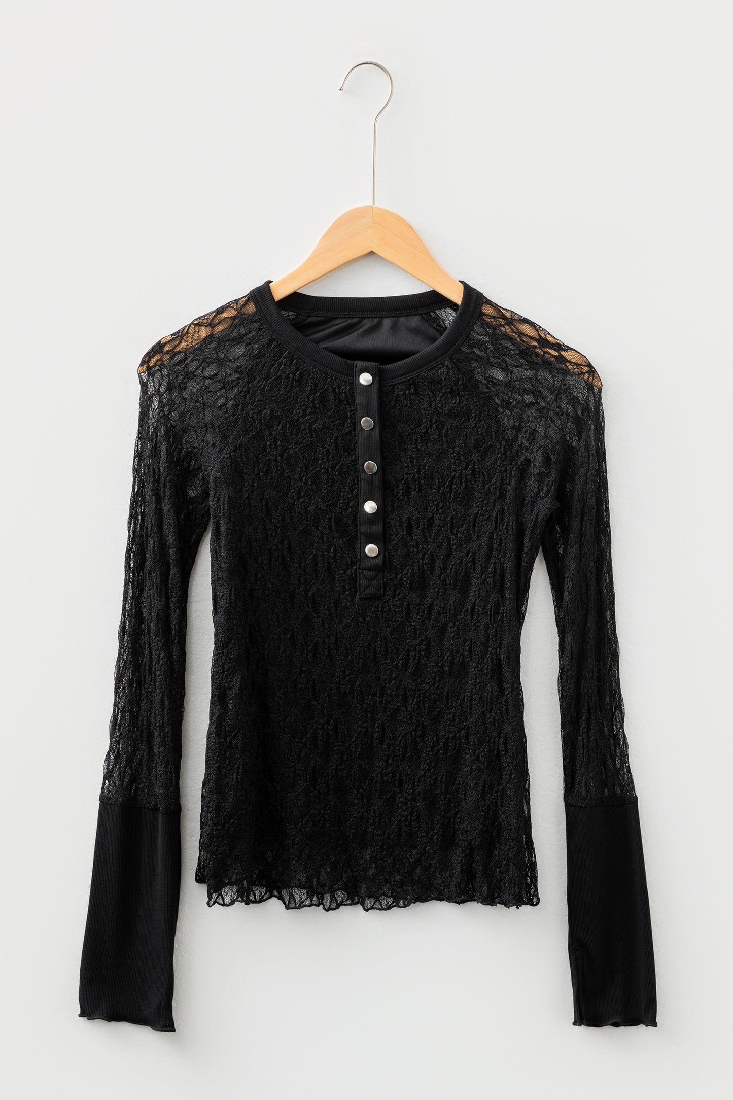 Lace Sheer Long Sleeve Henley Top