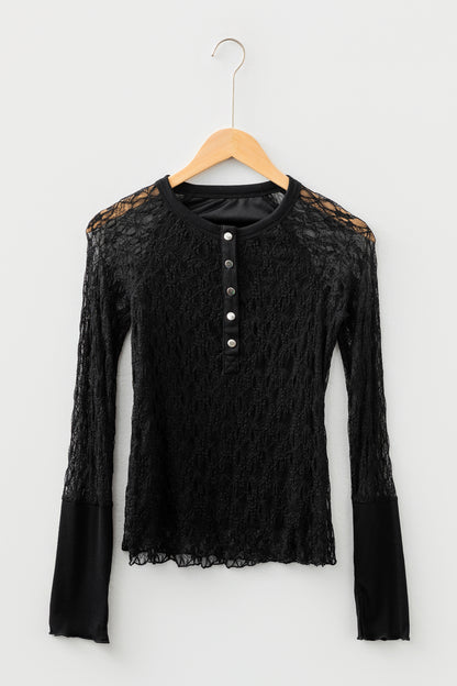Lace Sheer Long Sleeve Henley Top