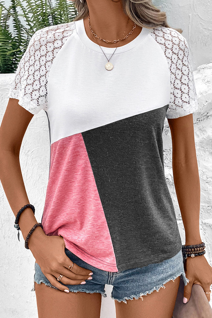 Multicolor Color Block Lace Patchwork Short Sleeve T Shirt