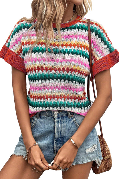 Stripe Ruffle Short Sleeve Sweater