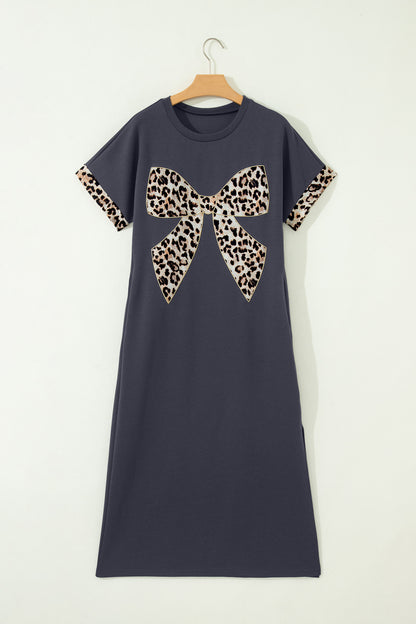 Leopard Bow Patched Short Sleeve T-Shirt Long Dress