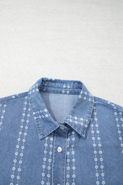 Floral Stripe Denim Buttoned Long Sleeve Shirt