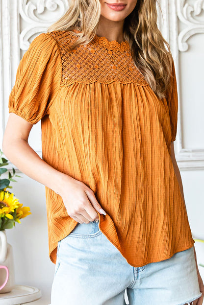 Lace Crinkle Puff Sleeve Blouse