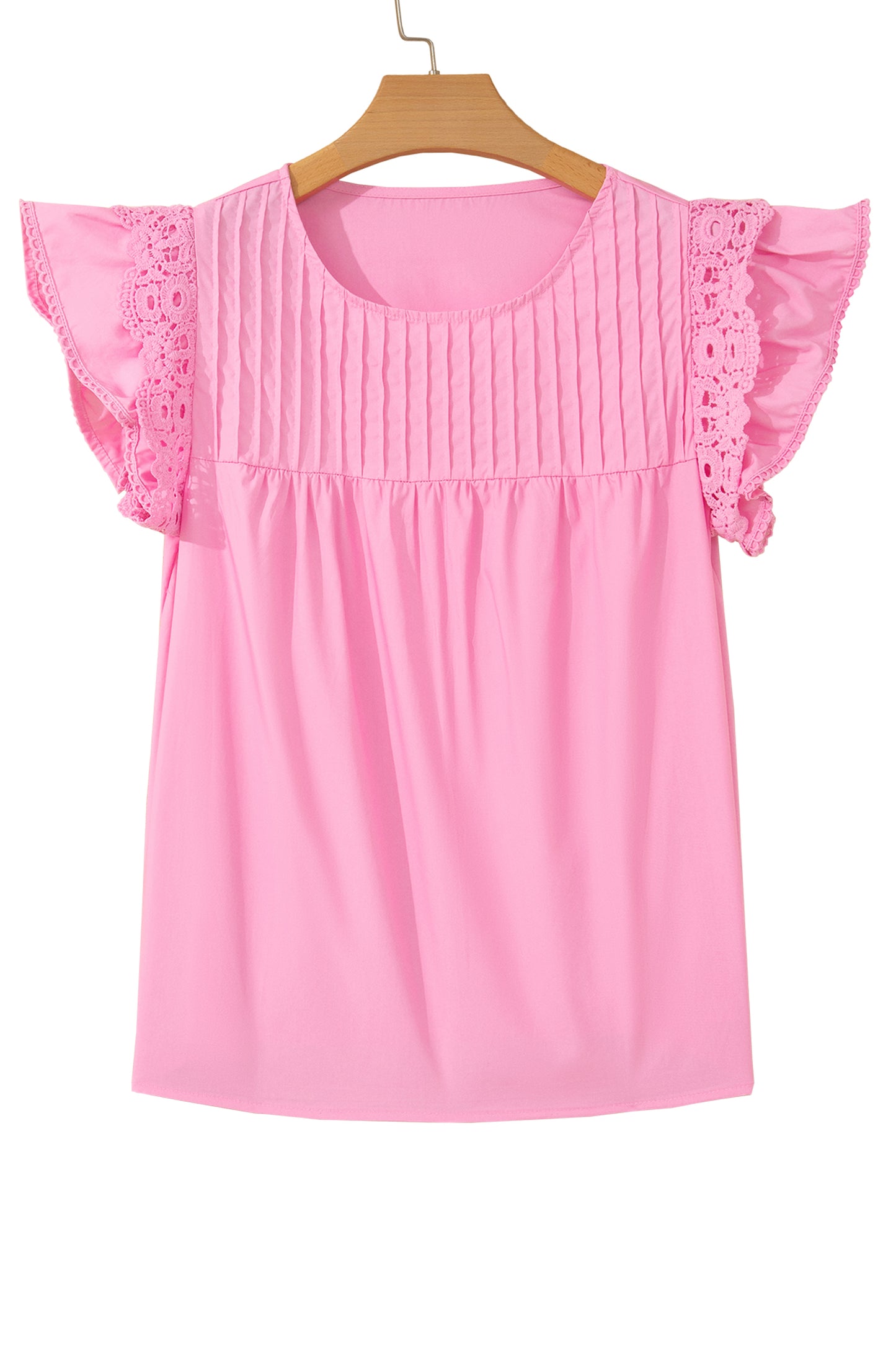 Solid Lace Flutter Sleeve Pleated Blouse