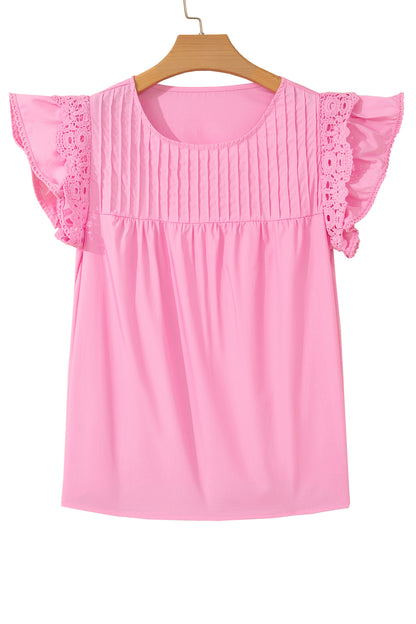 Solid Lace Flutter Sleeve Pleated Blouse