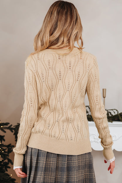 Pearl Beaded Pointelle Knit V-Neck Lace Trim Sweater