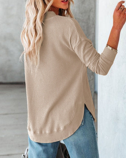 Waffle Ribbed Trim Crewneck Top