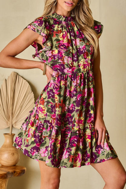 Floral Ruched Flutter Sleeve Dress