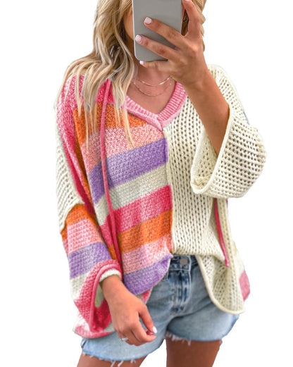 Colorblock V-Neck Hooded Oversized Sweater