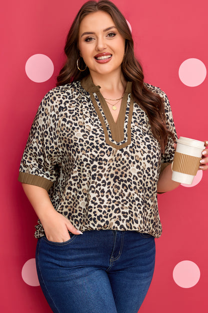 Plus Size Leopard Patchwork Crinkled V-Neck Blouse