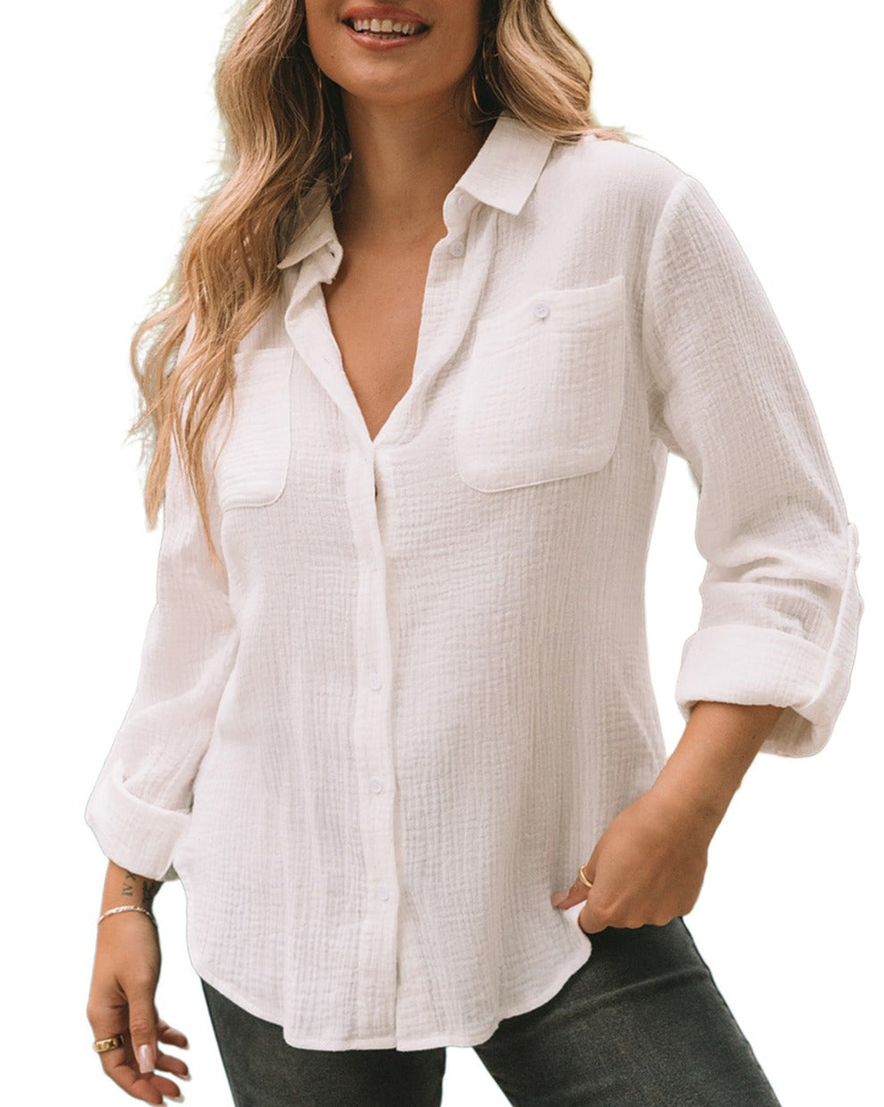 Gauze Collared Button Down Top