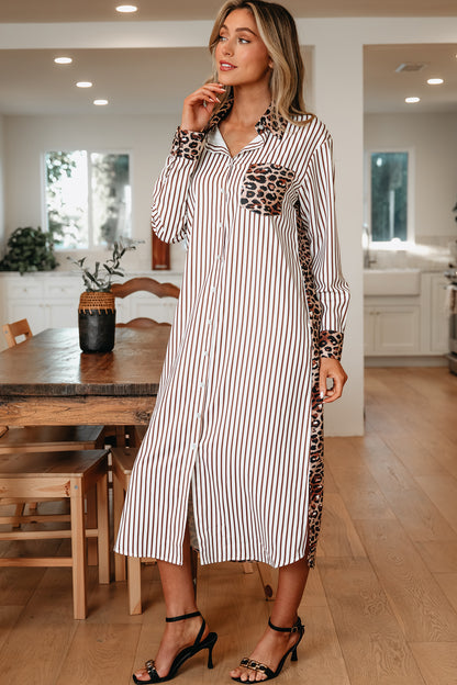 Leopard Patchwork Stripe Shirt Dress with Slits