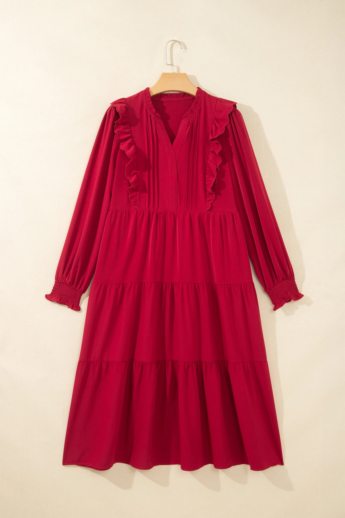 Solid Ruffle Trim Long Sleeve Tiered Midi Dress