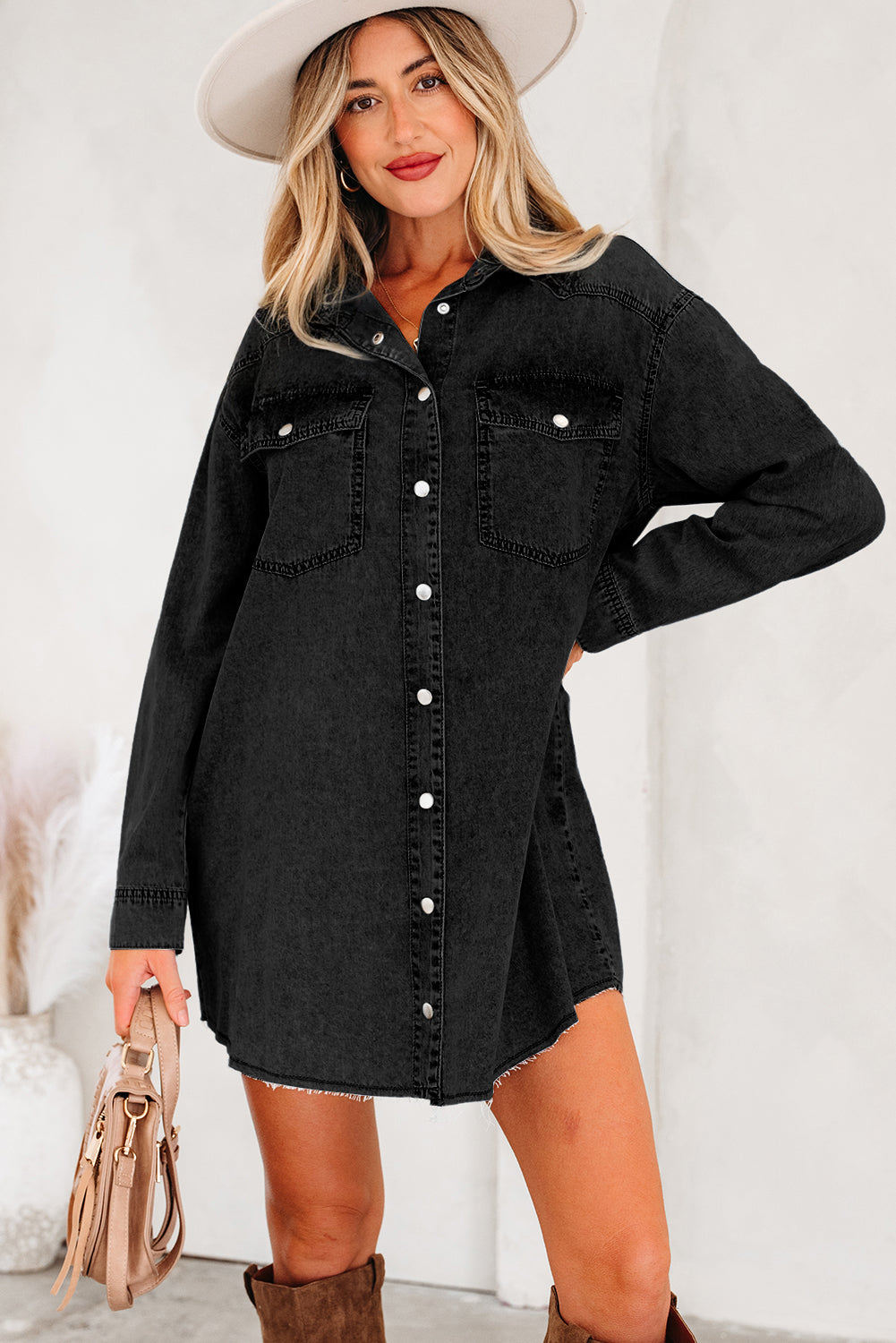 Solid Denim Chest Pocket Raw Hem Shirt Dress