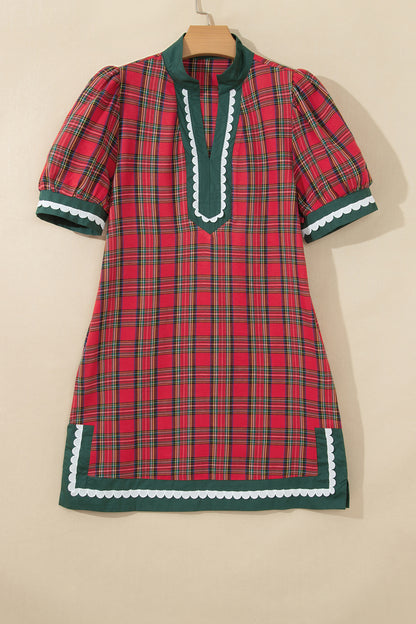 Plaid Contrast Trim Short Sleeve Mini Dress