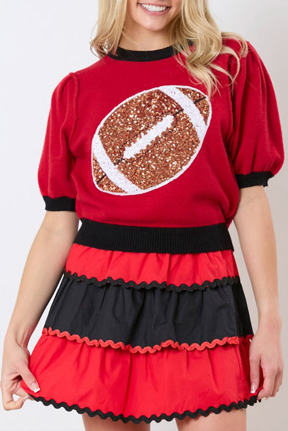 Colorblock Sequin Football Puff Sleeve Sweater