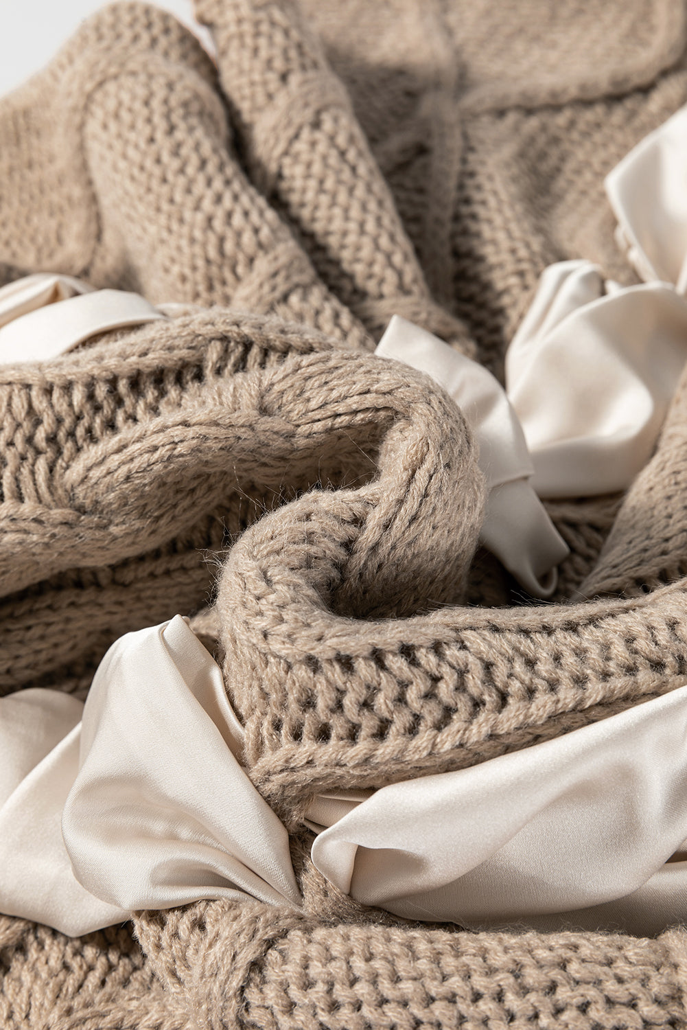 Colorblock Satin Bow Cable Knit Short Sleeve Sweater