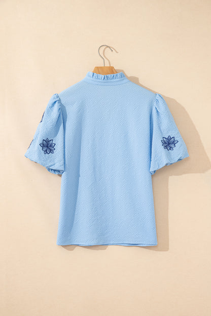 Flower Embroidered Puff Sleeve Split Neck Blouse