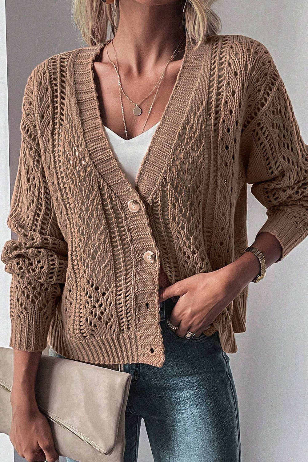 Hollowed Knit Buttoned Sweater Cardigan