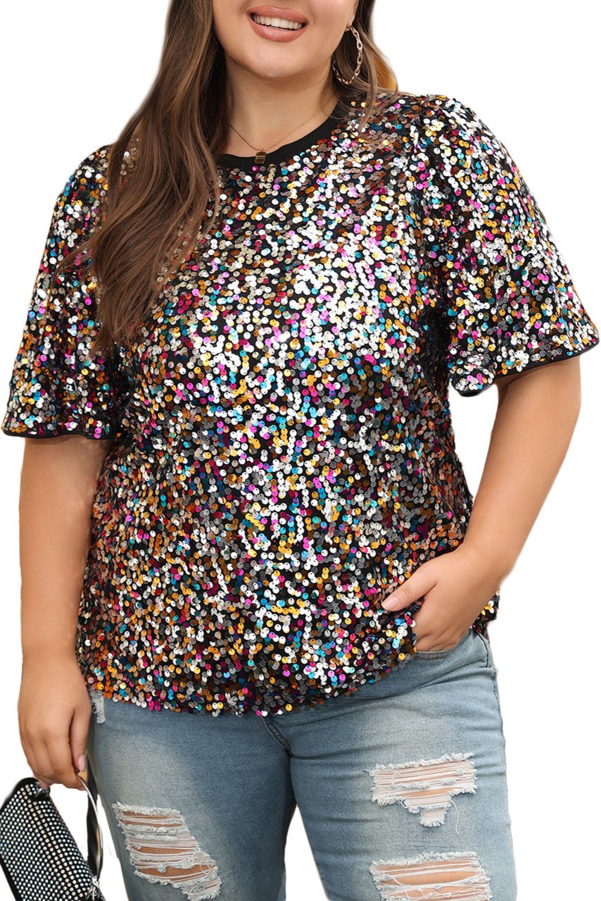 Plus Size Sequin Short Sleeve Top