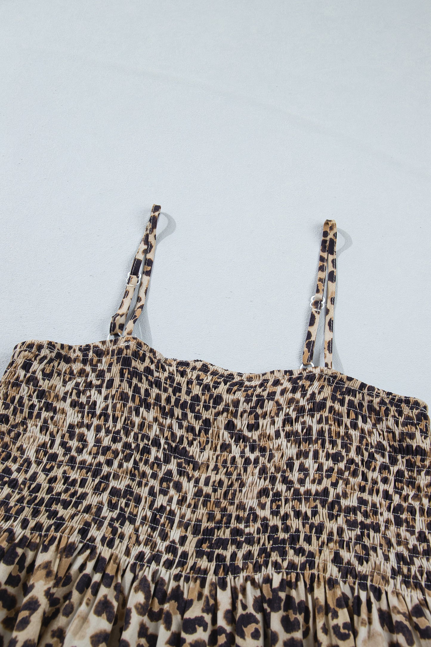 Leopard Shirred Ruffle Spaghetti Strap Tank Top