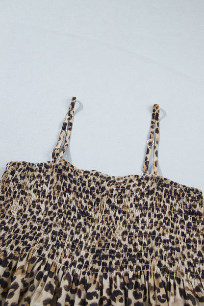 Leopard Shirred Ruffle Spaghetti Strap Tank Top