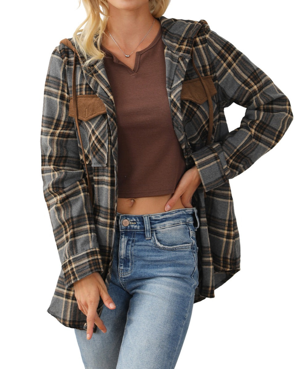 Plaid Contrasting Hood Pocketed Shacket