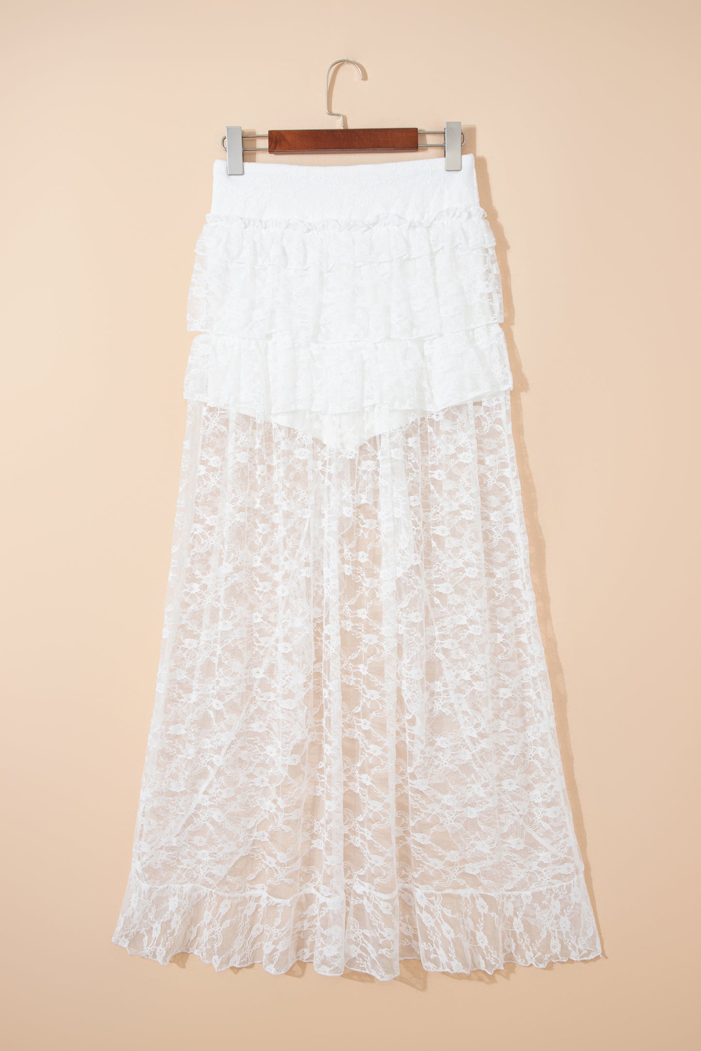 Sheer Lace Ruffle Tiered High-Low Skirt