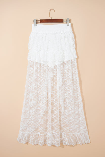Sheer Lace Ruffle Tiered High-Low Skirt