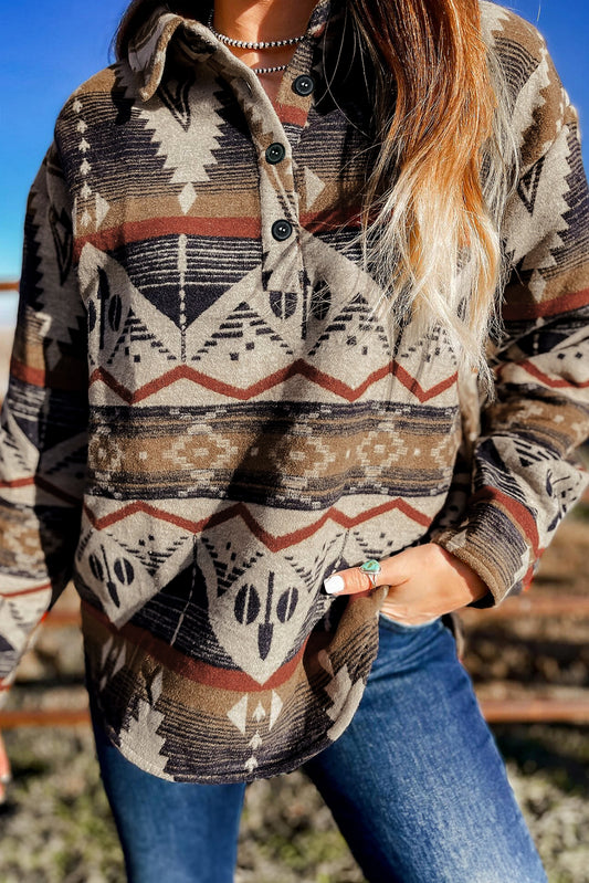 Western Aztec Buttoned Collar Sweatshirt