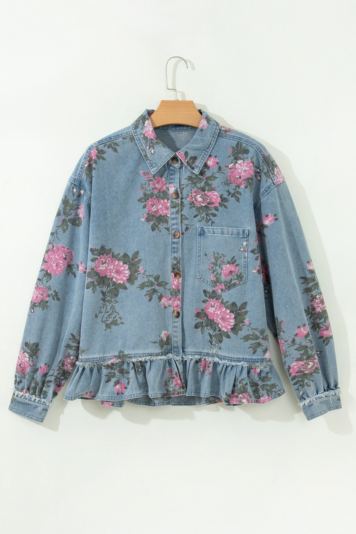 Floral Denim Raw Seam Ruffle Hem Jacket