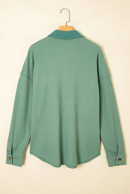 Waffle Knit Patchwork Button-Up Shirt