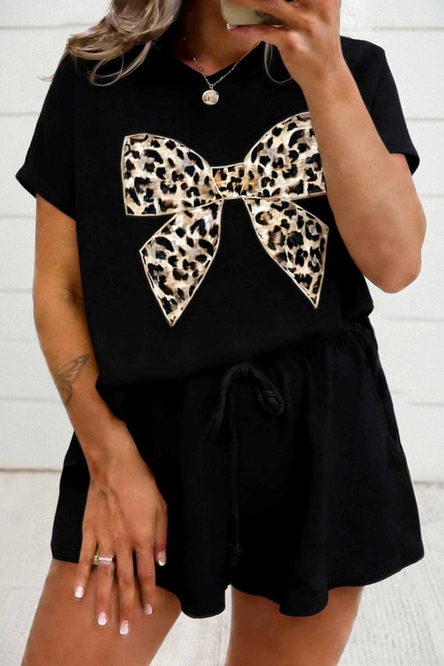 Leopard Bow Patch Tee & Drawstring Shorts Set