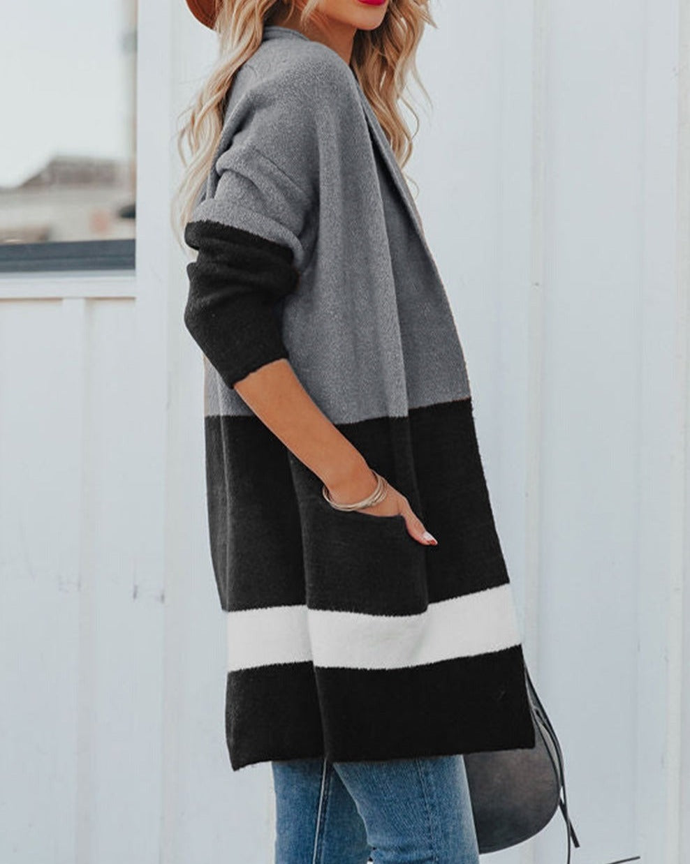 Colorblock Pocketed Open Front Cardigan