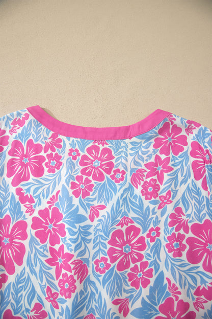 Floral Colorblock Trim Ruffle 3/4 Sleeve Blouse
