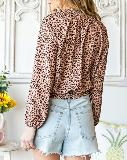 Leopard Smocked Bubble Sleeve Blouse