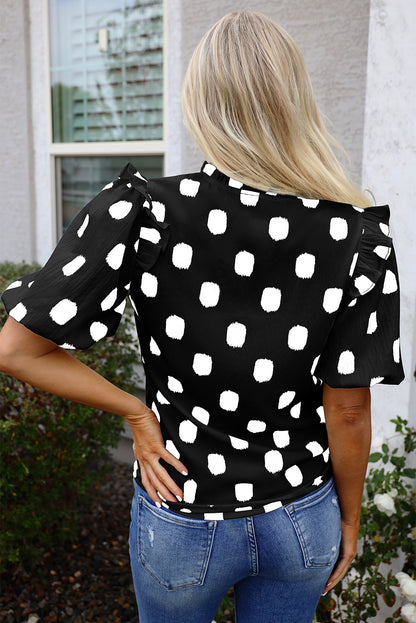 Polka Dot Shirred Notched Neck Balloon Sleeve Blouse