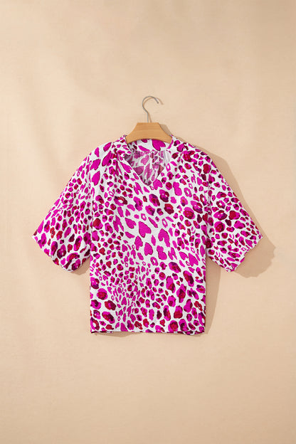 Leopard V-Neck Puffy 3/4 Sleeve Ruffle Blouse