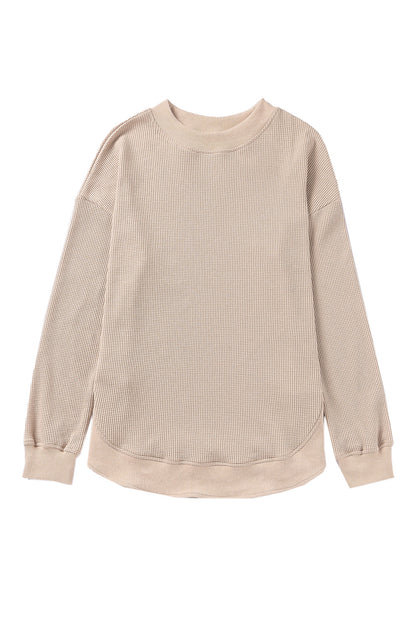 Waffle Ribbed Trim Crewneck Top