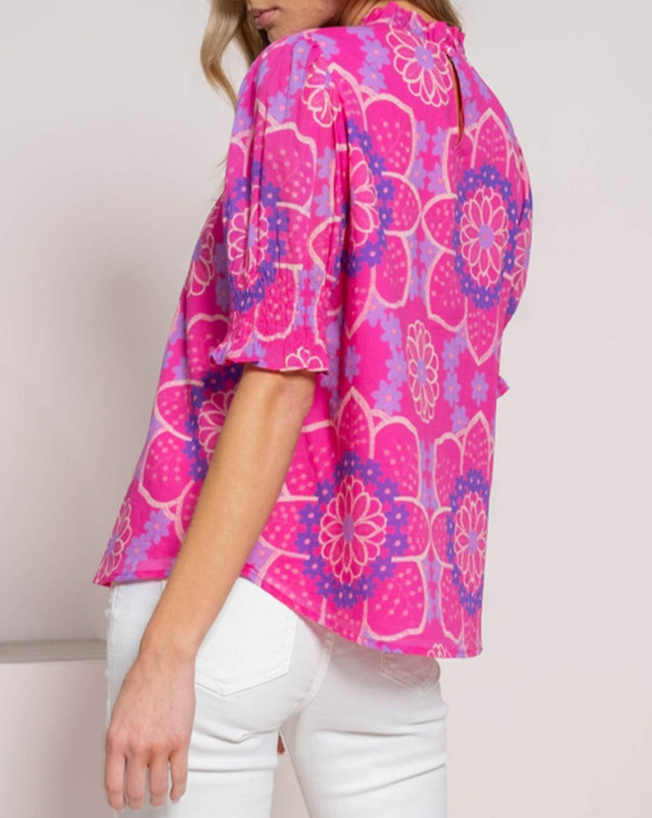 Floral Frilled Neck Puff Sleeve Blouse