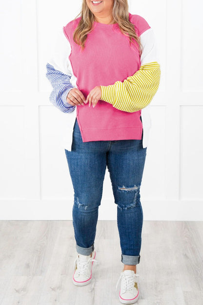 Plus Size Colorblock Stripe Puff Sleeve Top