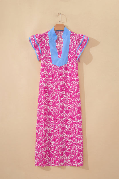 Floral Colorblock Patchwork V-Neck Midi Dress