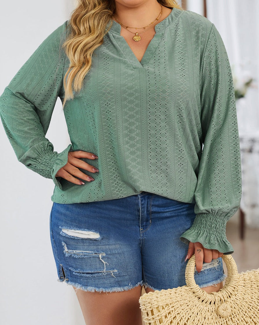 Eyelet Long Sleeve Blouse Plus Size