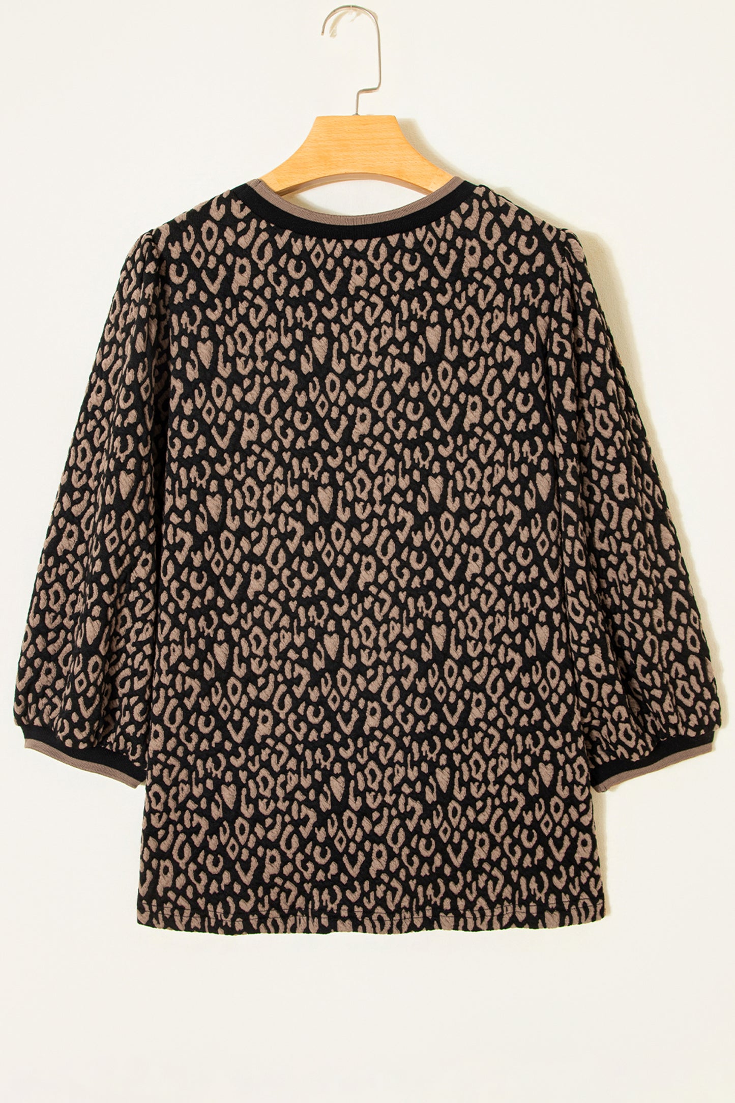 Leopard Contrast Trim Puffy 3/4 Sleeve Top