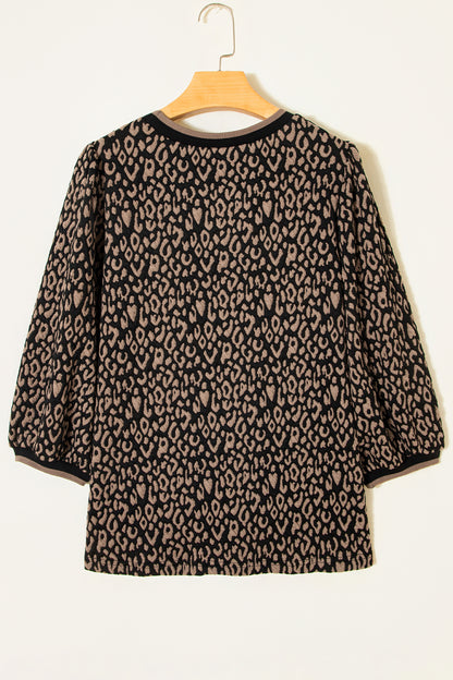 Leopard Contrast Trim Puffy 3/4 Sleeve Top