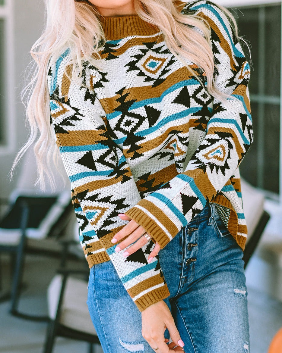 Aztec Stripe Ribbed Trim Sweater