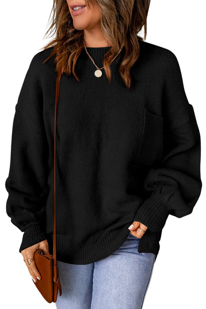 Puff Sleeve Pocketed Crewneck Sweater